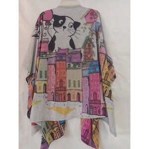 Et Lois Gray Cat Balloons City Print Kimono Cardigan Wrap One Size Made in USA